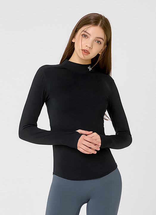 Mock Neck Fingerhole Basic T-Shirt