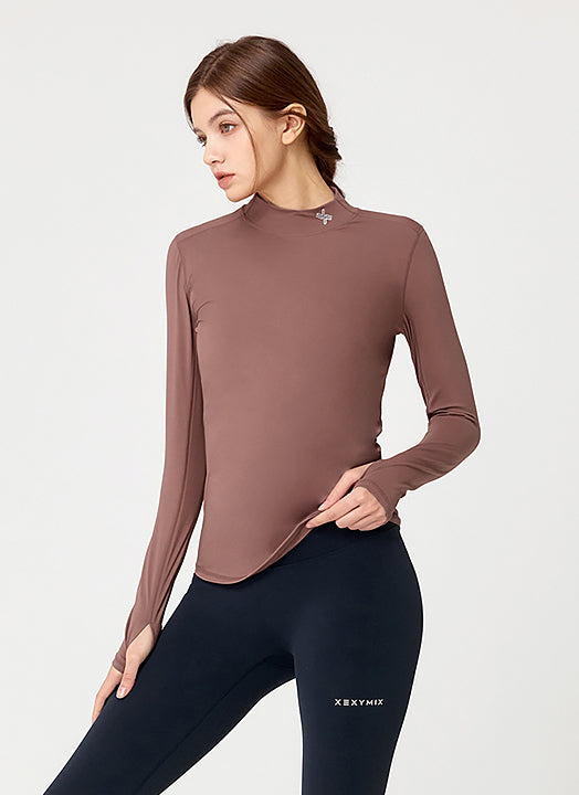 Mock Neck Fingerhole Basic T-Shirt