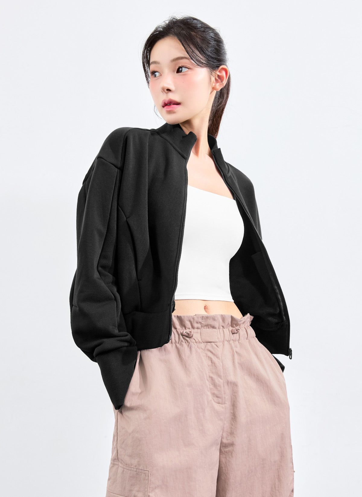 High Neck Curved Zip-up Jacket