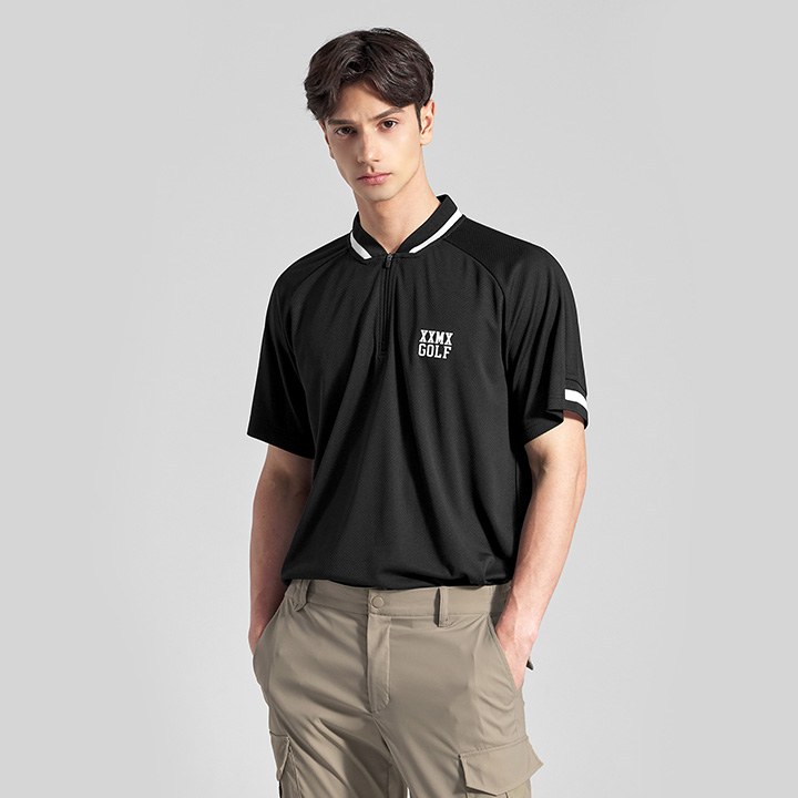 Swing Neck Half Zip-Up Short Sleeve T-Shirt_Black
