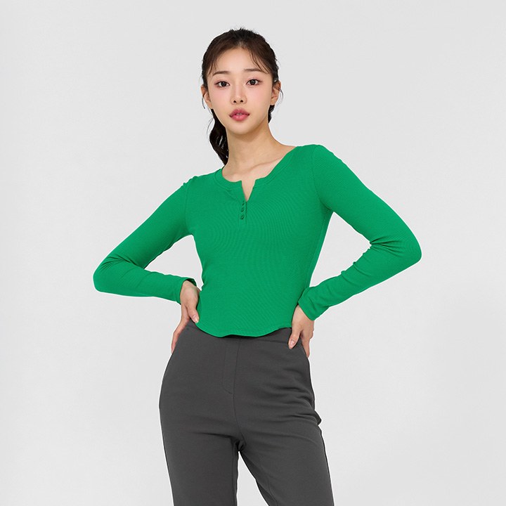 Soft Ribbed Button Long Sleeve_Green Forest