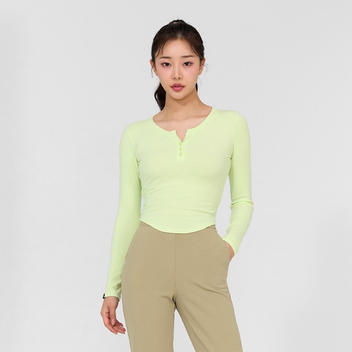 Soft Ribbed Button Long Sleeve_Limelight