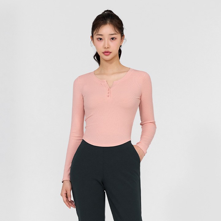 Soft Ribbed Button Long Sleeve_Athletic Pink