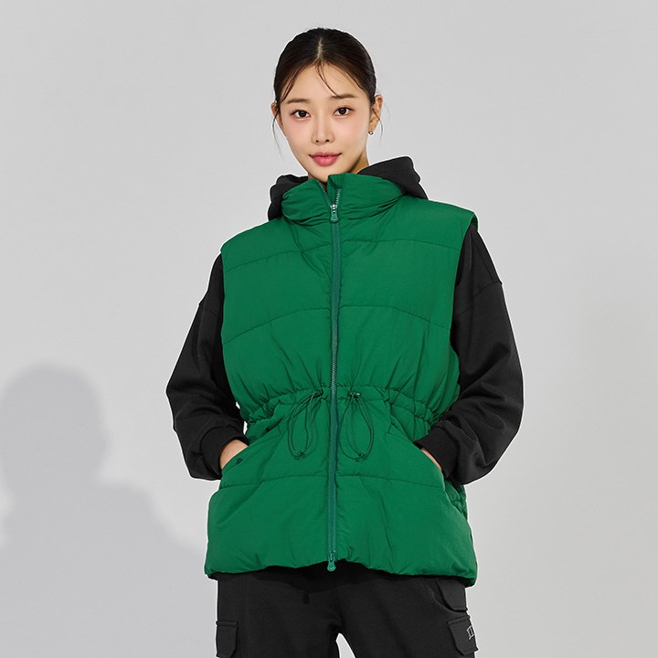 High Neck Over Fit Padded Vest_Green Holic