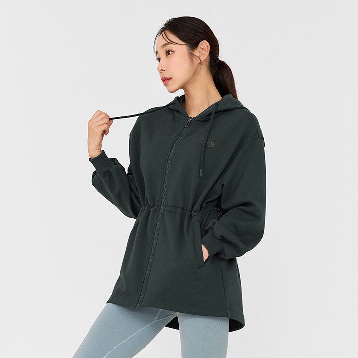Warm Cotton Loose Fit String Hood Zip-Up_Pine Green