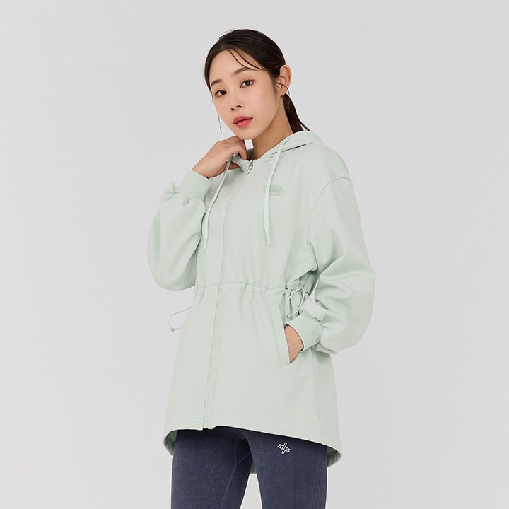 Warm Cotton Loose Fit String Hood Zip-Up_Green Lily