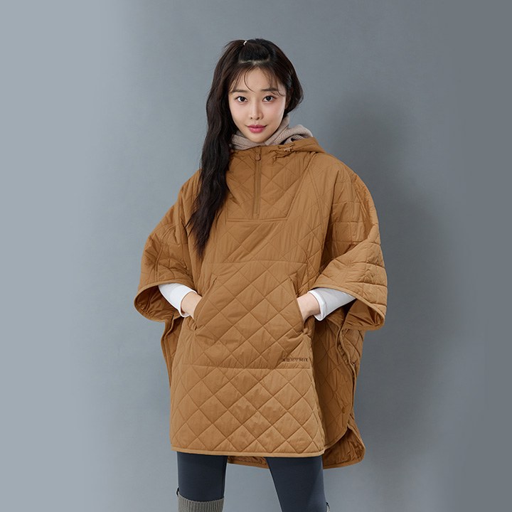 Quilted Hood Packable Poncho_Toast Camel