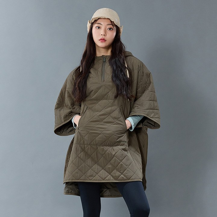 Quilted Hood Packable Poncho_Olive Haze