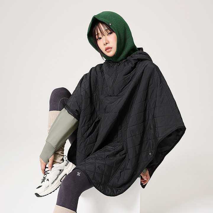 Quilted Hood Packable Poncho_Black