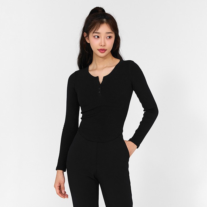 Soft Ribbed Button Long Sleeve_Black
